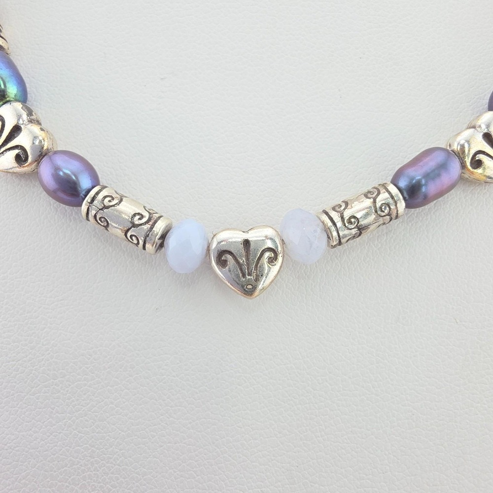 BRIGHTON 'Free Spirit' Necklace Chalcedony Blue Pearl Heart Silver Plate 17"